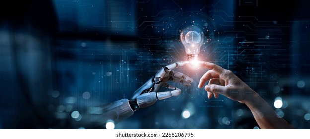AI, Machine learning, Hands of robot and human touch on big data network, Brain data creative in light bulb, Science and artificial intelligence technology, innovation for futuristic. - Shutterstock ID 2268206795