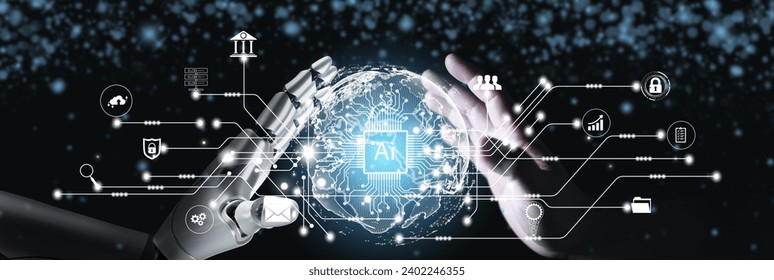 AI, Machine learning, Hands of robot and human touching on big data network connection, Data exchange, deep learning, Science and artificial intelligence technology, innovation of futuristic.