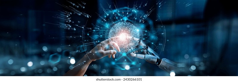 AI, Machine learning, Hands of robot and human touching on big data network connection background, Science and artificial intelligence technology, innovation and futuristic. - Powered by Shutterstock