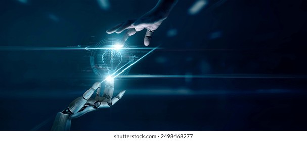 AI, Machine learning, Hands of robot and human touch  on big data network connection of brain AI, Data exchange, deep learning, Science, artificial intelligence technology, innovation of futuristic.