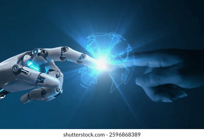 AI, Machine learning, Hands of robot and human touching on big data network connection background, Science and artificial intelligence technology, innovation and futuristic.