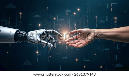 AI, Machine learning, Hands of robot and human touching on big data network connection background, Science and artificial intelligence technology, innovation and futuristic