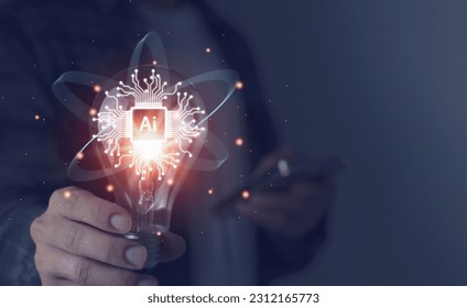 AI, machine learning, human touch on the big data network, creative information in the light bulb, artificial intelligence science and technology, innovation for the future