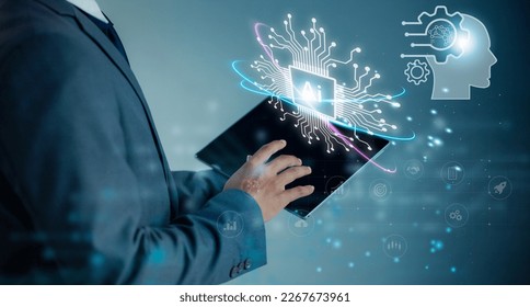 Ai machine learning intelligence technology. Businessman using tablet finger touching screen to connecting with ia brain future global big data. Technologo concept.