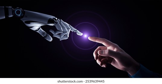 AI, Machine learning and Neural Networks . The robot's hand touches the human hand