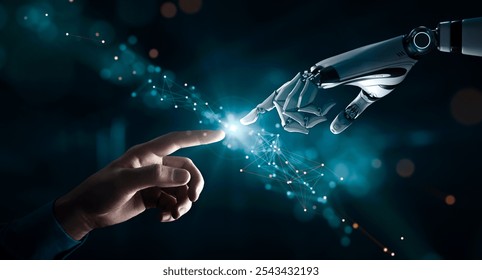 AI, Machine learning and Neural Networks . The robot's hand touches the human hand