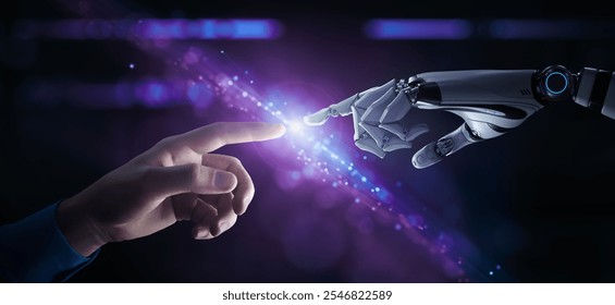 AI, Machine learning and Neural Networks . The robot's hand touches the human hand - Powered by Shutterstock