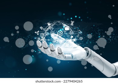 AI, Machine Learning, robot and human hands touching on big data network connection background,  Artificial intelligence, machine learning, internet business, technology concept.