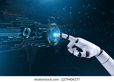 AI, Machine Learning, robot and human hands touching on big data network connection background,  Artificial intelligence, machine learning, internet business, technology concept.