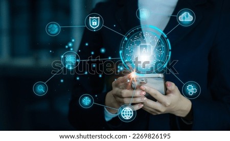 Ai machine learning technology concept. Businesswoman using smartphone connecting ai big data. 