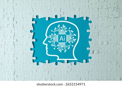 AI and machine learning technology concept.,A human head with a circuit board brain and CPU inside a puzzle frame.Represents neural networks, deep learning,data processing,artificial intelligence. - Powered by Shutterstock - Get 15% off with code: PIKWIZARD15