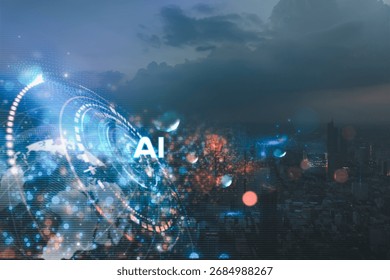 AI, machine learning tools, and digital automation future. Blue ai hologram on blurry city background artificial intelligence, machine learning concept
