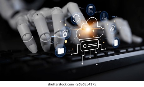 An AI managed cloud storage and data synchronization ecosystem. A concept of smart cloud computing for file storage, backup, and sharing. Motif