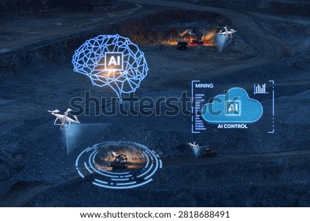 Ai managed quarry site with multiple drones and holographic cloud control interface for mining monitoring technology. Concept artificial intelligence in industry.