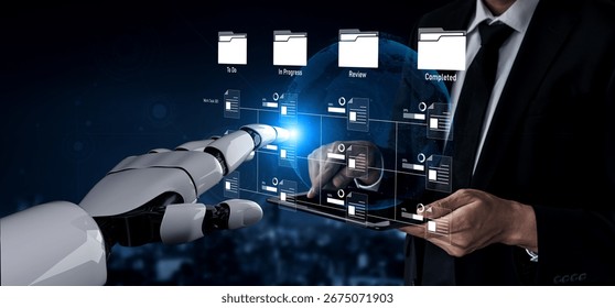 AI managing task workflow system, tracking document progress, analyzing productivity levels, and automating the status flow across structured project stages. Vouch