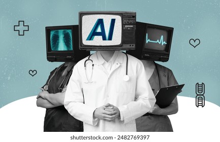 AI medical assistant concept collage art. Doctor and nurses with TV head representing artificial intelligence performing different medical task. - Powered by Shutterstock