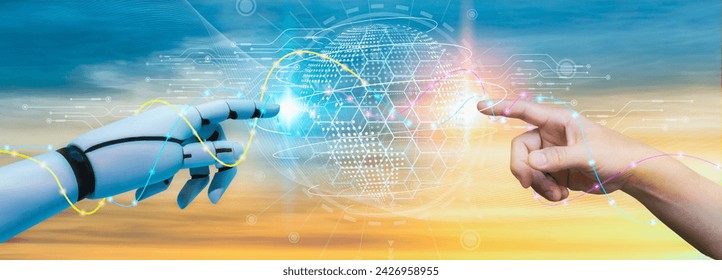 AI, ML, Human, robotic hands handling massive amounts of data from global network connections, Internet, digital technologies that combine science and artificial intelligence in a futuristic setting. - Powered by Shutterstock