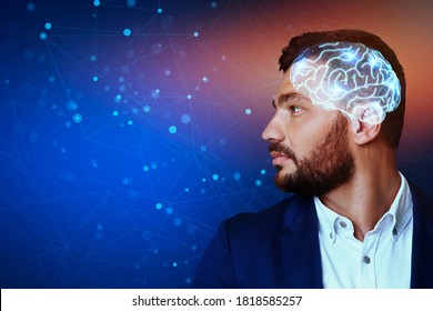 Ai And Modern Technologies. Creative Collage With Man Profile With Glowing Digital Brain Hologram Over Abstract Background With Polygonal Connections - Powered by Shutterstock