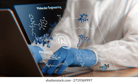 AI molecular engineering, digital interface with a lab worker, infographics, AI-powered molecule creation, molecular design, drugs of the future