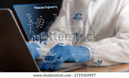 AI molecular engineering, digital interface with a lab worker, infographics, AI-powered molecule creation, molecular design, drugs of the future