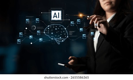 AI neural network and data processing system visualizing artificial intelligence with brain structure, chip, and connected data blocks for computation and learning Latch