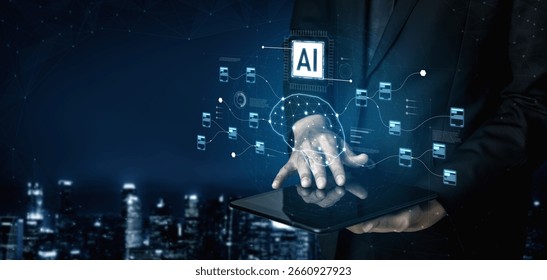 AI neural network and data processing system visualizing artificial intelligence with brain structure, chip, and connected data blocks for computation and learning Vouch