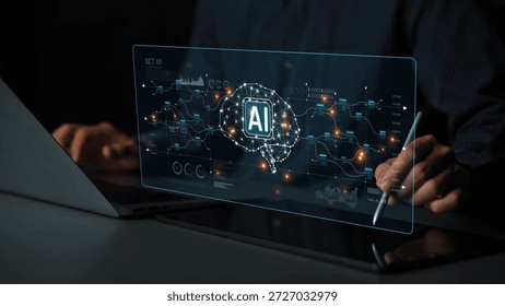 AI neural network and data processing system visualizing artificial intelligence with brain structure, chip, and connected data blocks for computation and learning Marrow