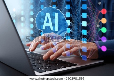 AI and neural network. Deep learning model and diagram. Businessman using laptop computer to instruct AI.