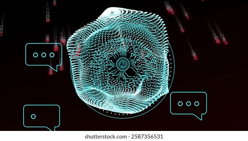 AI neural network image over binary code and digital communication icons. Technology, artificial intelligence, data, virtual, futuristic, innovation