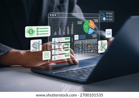 AI payroll system interface showing employee salary data, budgeting graphs, and monthly calendar used on laptop for digital finance management and automated compensation planning in business setup