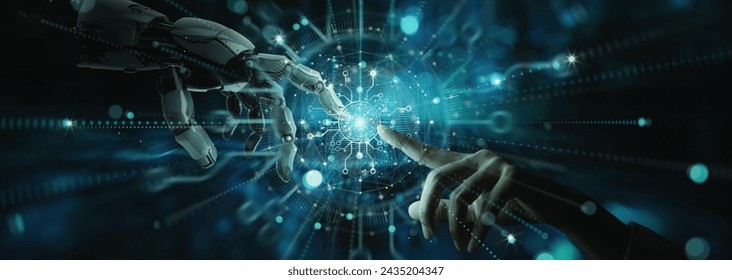 AI powered development machine learning concept Dynamic hand of robot and human touching on big data network connection Science and artificial intelligence technology, innovation futuristic background - Powered by Shutterstock - Get 15% off with code: PIKWIZARD15