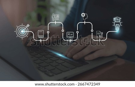 AI powered personalized E-Learning concept. Digital transformation of education through personalized E-Learning by AI and machine learning. Online education, skill development and graduation.