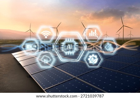 AI powered smart grid system visualizing solar and wind energy management with glowing network icons, renewable power optimization and sustainable infrastructure concept.