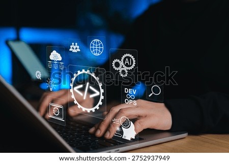 AI powered software development concept. Developer coding on laptop with DevOps, artificial intelligence, cloud computing, and automation icon to optimize workflow, deployment and programming strategy