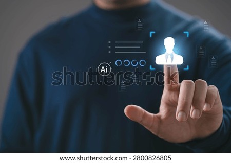 AI powered user profile selection on digital interface, hand interacting with virtual identity system. Human resource technology, data analysis, recruitment automation and smart business solution.