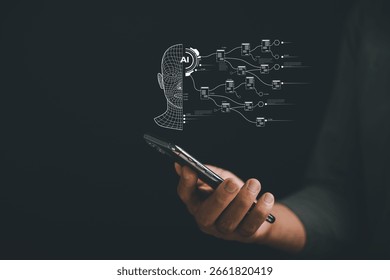 AI powers data technology, future tech, and business intellig displayed on phone held in hand, connecting data through ai, a digital wireframe design for next-gen applications.