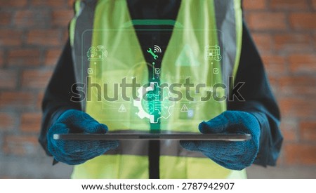 AI predictive maintenance machine learning concept industrial worker holding tablet with holographic brain gear and equipment fault prediction diagnostic dashboard