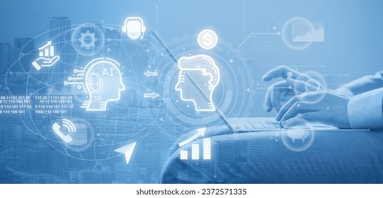 AI Programmer with laptop computer overlay ai connect with human infographics for artificial intelligence software engineer coding modern big data or machine learning concept - Powered by Shutterstock