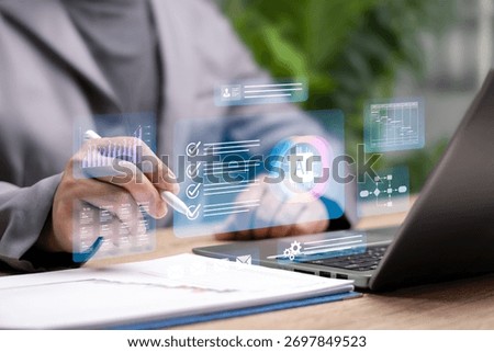 AI Project Analysis, Workflow Management Concept, Businessman Reviewing Project Plan, Monitoring Progress, Data Exchange, Smart Planning System with Artificial Intelligence Integration, Communication
