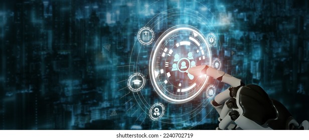 AI recruiting technology concept. Using artificial intelligence in the talent acquisition process. A robot choosing business people to hire. HR technology ecosystem strategies for HR professionals.