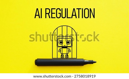 AI regulation concept with artificial intelligence in cage, legal control of algorithms, technology governance, ethics and restrictions on machine learning and automation on yellow background
