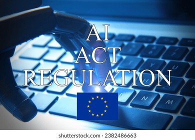 AI regulation symbol. Concept words AI artificial intelligence act regulation , robot hand on beautiful puzzle jigsaw. Business AI artificial intelligence regulation concept with the European flag .