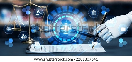 AI related law concept shown by robot hand using lawyer working tools in lawyers office with legal astute icons depicting artificial intelligence law and online technology of legal law regulations Сток-фото © 