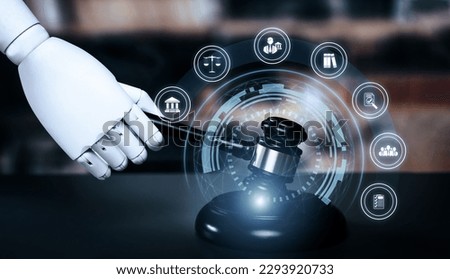 AI related law concept shown by robot hand using lawyer working tools in lawyers office with legal astute icons depicting artificial intelligence law and online technology of legal law regulations Сток-фото © 