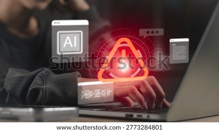 AI risk and cybersecurity warning concept with alert symbol over digital interface. Artificial intelligence, chatbot errors, data security issues, and technology risks highlighting system threats.