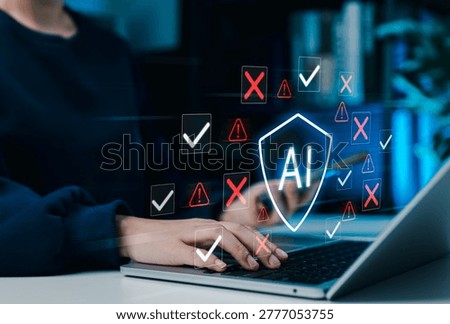 AI risk detection and cybersecurity validation concept. User using laptop with virtual shield, check marks, warning alerts, red crosses, threat screening, compliance review and secure digital workflow
