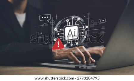 AI risk and warning concept with chatbot interface and alert icon on digital screen. Artificial intelligence errors, technology threats, data issues, and cybersecurity risks.