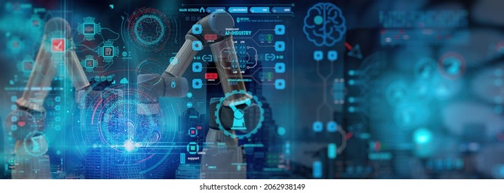 AI Robot arm analyzing mathematics for automated innovation manufacturing process.Concept of robotics virtual technology and machine learning or future mechanized industry problem solving. - Shutterstock ID 2062938149