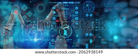 AI Robot arm analyzing mathematics for automated innovation manufacturing process.Concept of robotics virtual technology and machine learning or future mechanized industry problem solving.