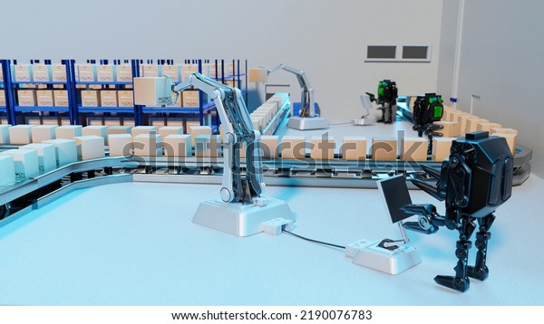 AI Robot arm Object for\
manufacturing industry technology Product export and import of\
future Robot cyber in the warehouse by hand mechanical future\
technology